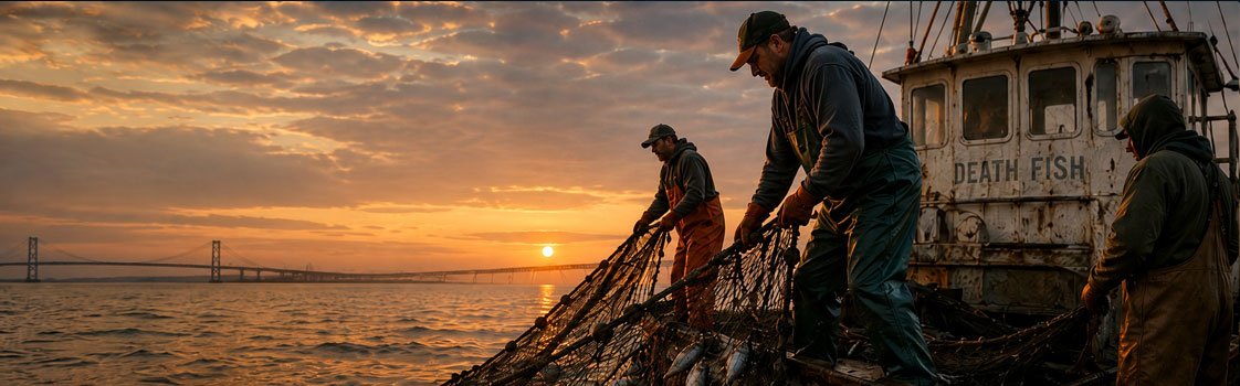 Working watermen harvesting local seafood on the water